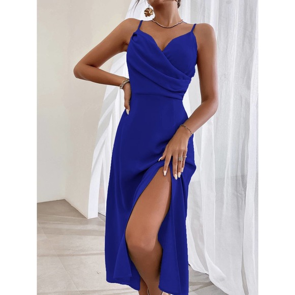 Wrap Ruched Split Thigh Cami midi Dress black - Picture 10 of 11